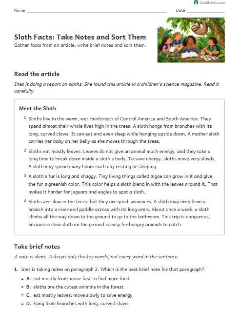 Sloth Facts: Take Notes and Sort Them worksheet preview