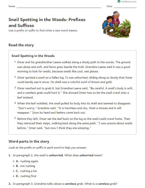 Snail Spotting in the Woods: Prefixes and Suffixes worksheet preview