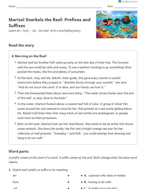 Marisol Snorkels the Reef: Prefixes and Suffixes worksheet preview