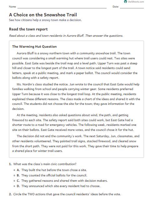 A Choice on the Snowshoe Trail worksheet preview