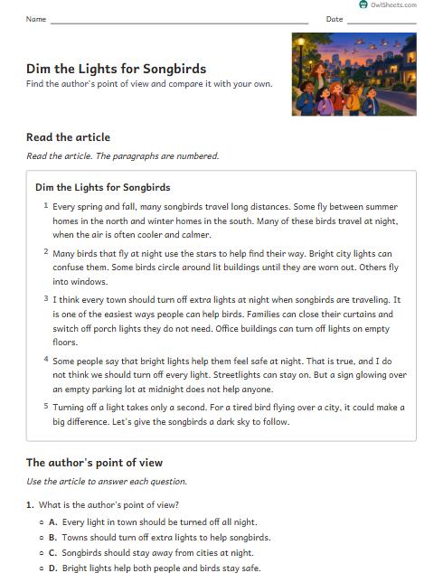Dim the Lights for Songbirds worksheet preview