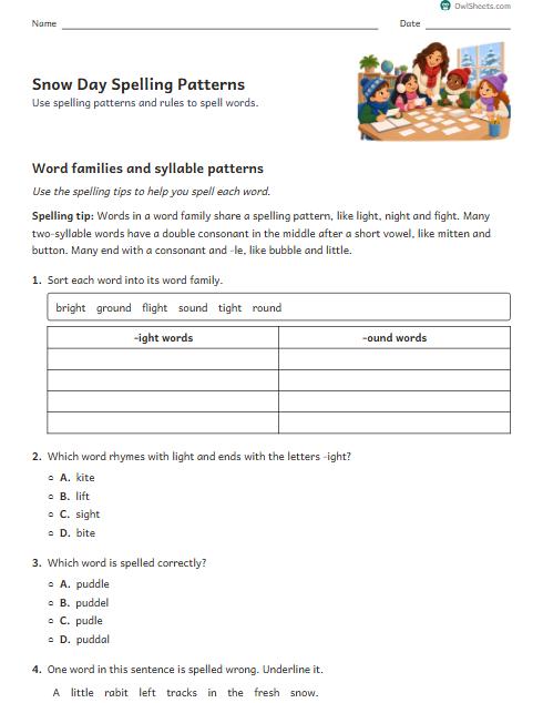 Snow Day Spelling Patterns worksheet preview