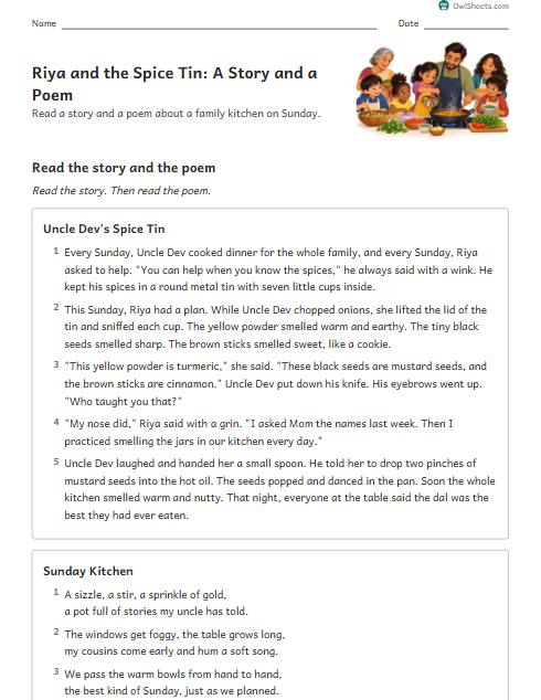 Riya and the Spice Tin: A Story and a Poem worksheet preview