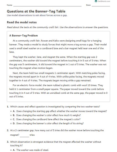 Questions at the Banner-Tag Table worksheet preview
