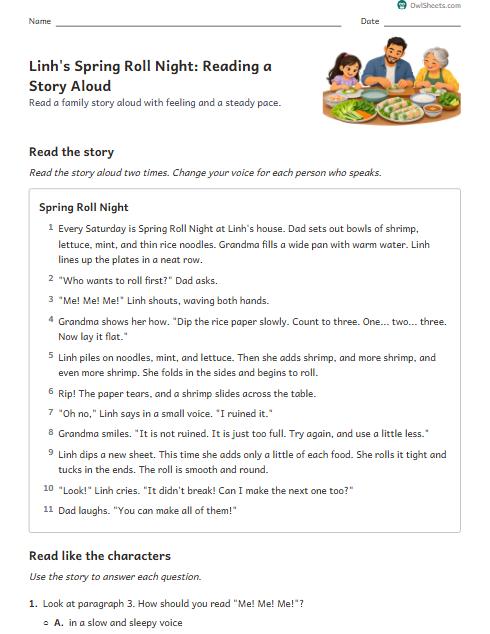 Linh's Spring Roll Night: Reading a Story Aloud worksheet preview