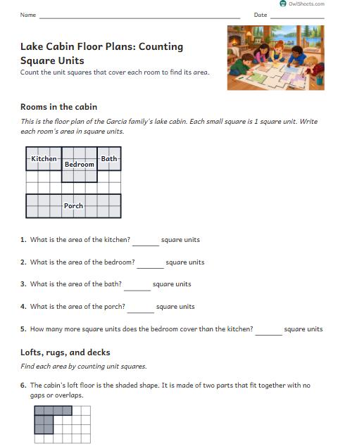 Lake Cabin Floor Plans: Counting Square Units worksheet preview