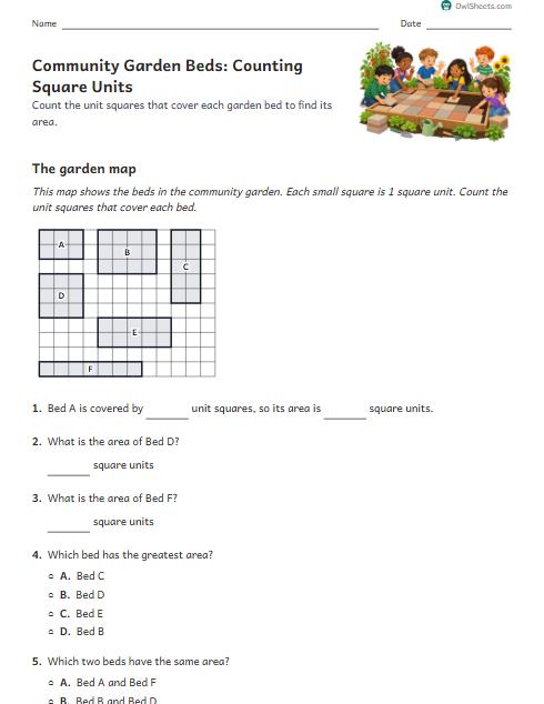 Community Garden Beds: Counting Square Units worksheet preview
