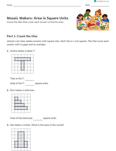 Mosaic Makers: Area in Square Units worksheet preview
