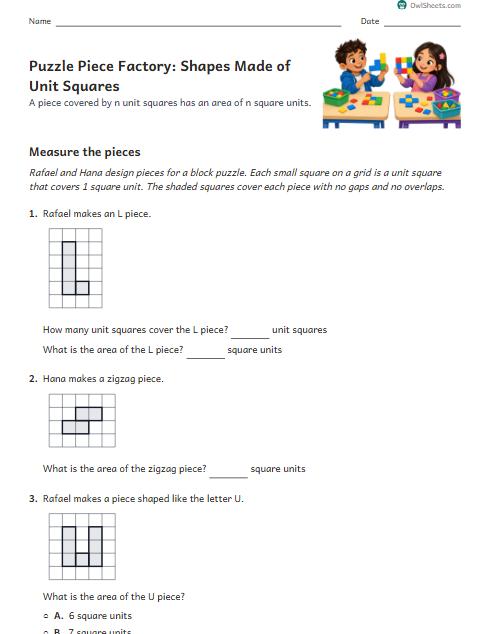Puzzle Piece Factory: Shapes Made of Unit Squares worksheet preview