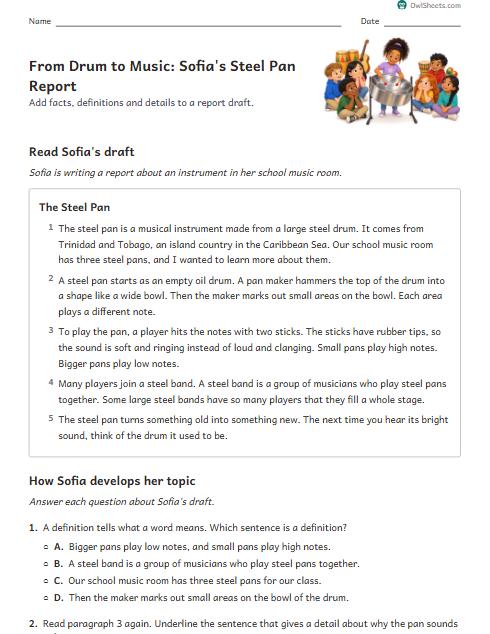From Drum to Music: Sofia's Steel Pan Report worksheet preview