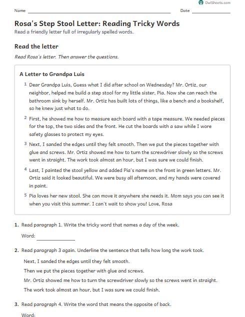 Rosa's Step Stool Letter: Reading Tricky Words worksheet preview