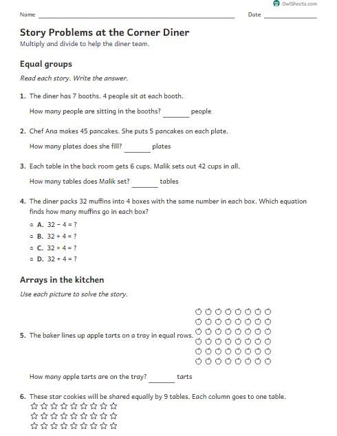 Story Problems at the Corner Diner worksheet preview