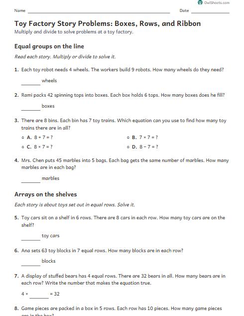 Toy Factory Story Problems: Boxes, Rows, and Ribbon worksheet preview