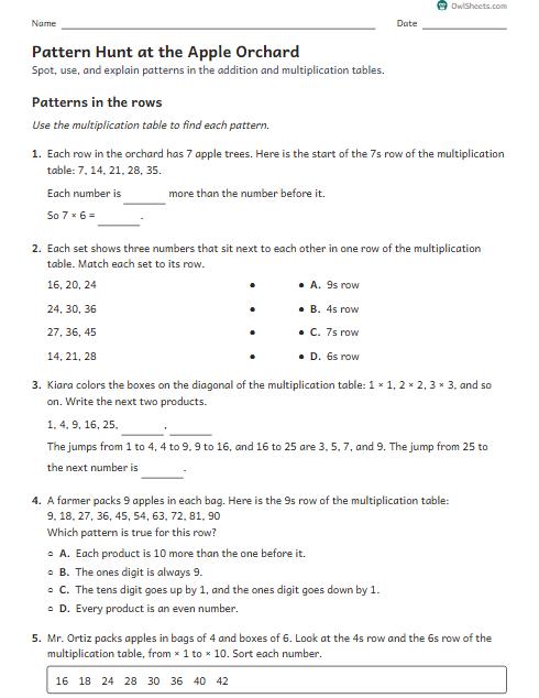 Pattern Hunt at the Apple Orchard worksheet preview
