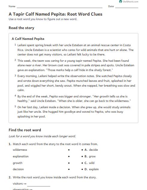 A Tapir Calf Named Pepita: Root Word Clues worksheet preview
