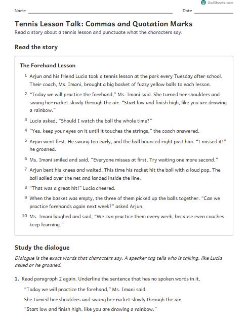 Tennis Lesson Talk: Commas and Quotation Marks worksheet preview