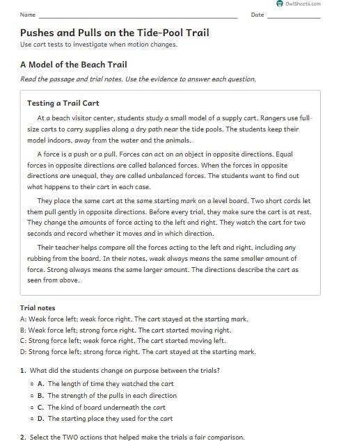Pushes and Pulls on the Tide-Pool Trail worksheet preview