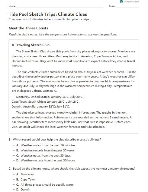 Tide Pool Sketch Trips: Climate Clues worksheet preview