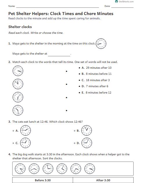 Pet Shelter Helpers: Clock Times and Chore Minutes worksheet preview