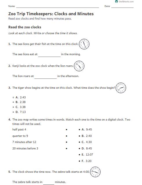 Zoo Trip Timekeepers: Clocks and Minutes worksheet preview