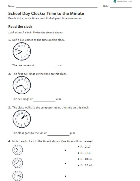 School Day Clocks: Time to the Minute worksheet preview