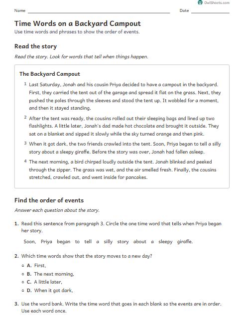 Time Words on a Backyard Campout worksheet preview
