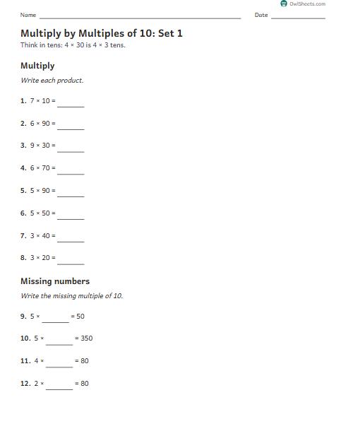 Multiply by Multiples of 10: Set 1 worksheet preview