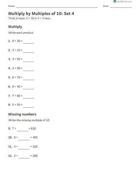 Multiply by Multiples of 10: Set 4 worksheet preview
