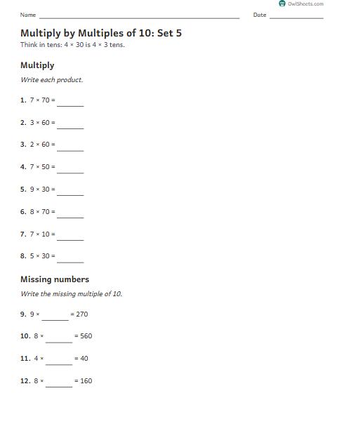Multiply by Multiples of 10: Set 5 worksheet preview