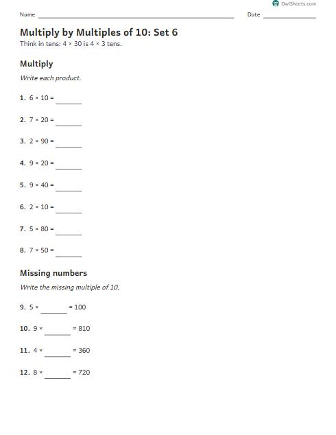 Multiply by Multiples of 10: Set 6 worksheet preview