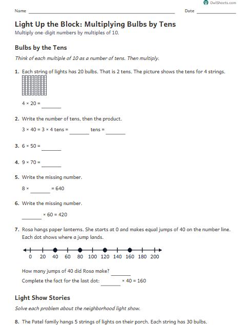Light Up the Block: Multiplying Bulbs by Tens worksheet preview