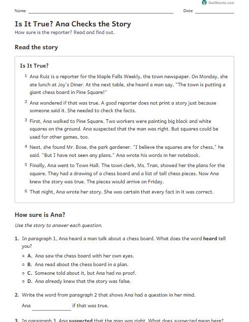Is It True? Ana Checks the Story worksheet preview