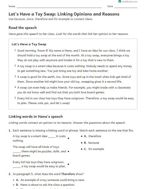 Let's Have a Toy Swap: Linking Opinions and Reasons worksheet preview