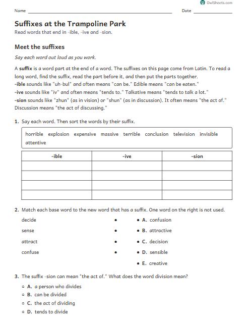 Suffixes at the Trampoline Park worksheet preview