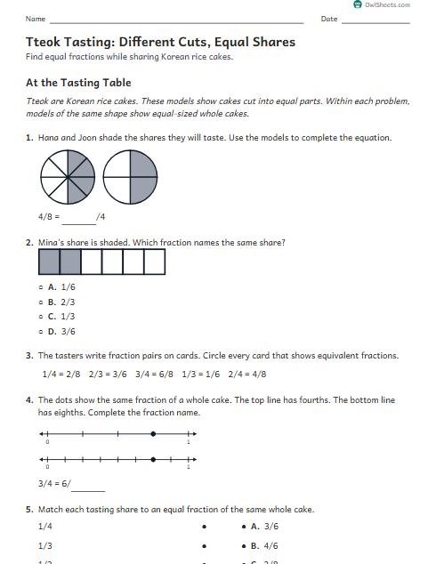 Tteok Tasting: Different Cuts, Equal Shares worksheet preview