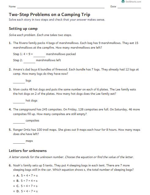 Two-Step Problems on a Camping Trip worksheet preview