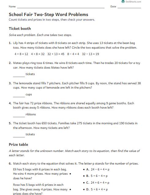 School Fair Two-Step Word Problems worksheet preview