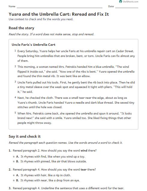 Yusra and the Umbrella Cart: Reread and Fix It worksheet preview