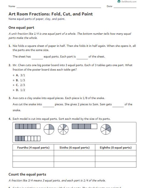 Art Room Fractions: Fold, Cut, and Paint worksheet preview