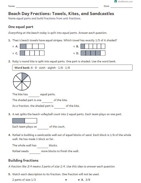 Beach Day Fractions: Towels, Kites, and Sandcastles worksheet preview
