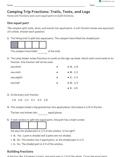 Camping Trip Fractions: Trails, Tents, and Logs worksheet preview