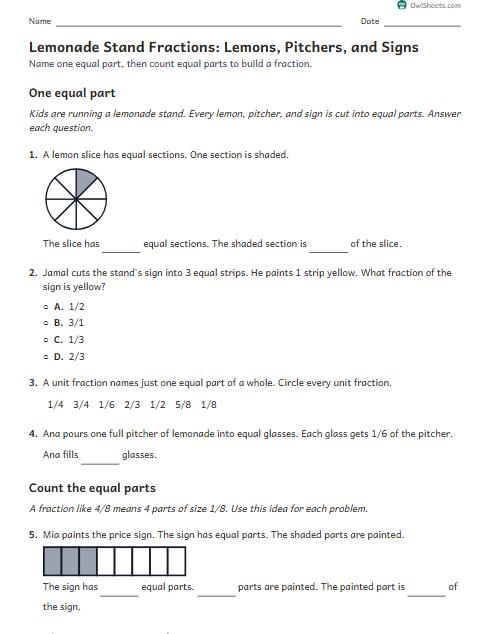 Lemonade Stand Fractions: Lemons, Pitchers, and Signs worksheet preview