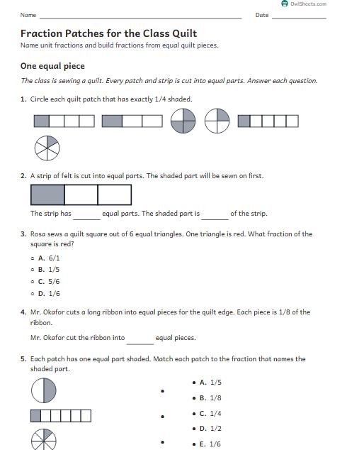 Fraction Patches for the Class Quilt worksheet preview