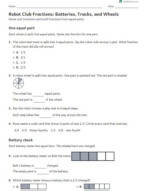 Robot Club Fractions: Batteries, Tracks, and Wheels worksheet preview