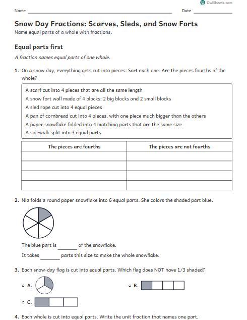 Snow Day Fractions: Scarves, Sleds, and Snow Forts worksheet preview