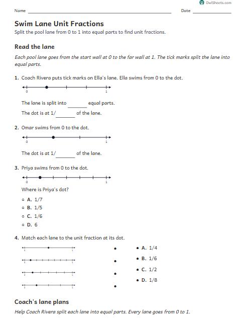 Swim Lane Unit Fractions worksheet preview