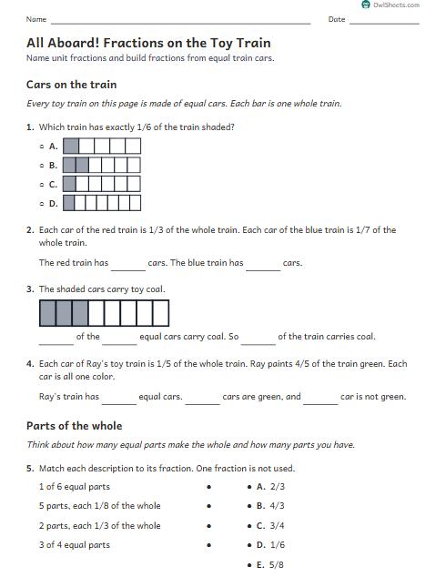 All Aboard! Fractions on the Toy Train worksheet preview