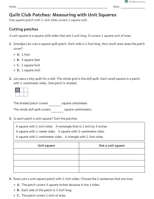 Quilt Club Patches: Measuring with Unit Squares worksheet preview