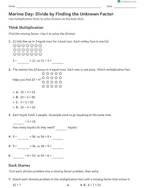 Marina Day: Divide by Finding the Unknown Factor worksheet preview