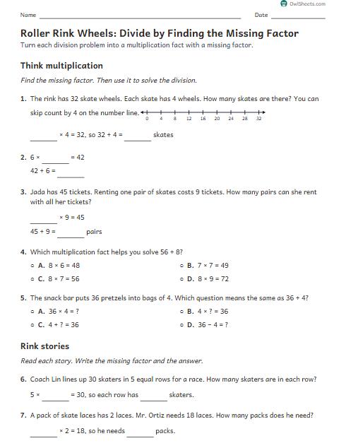 Roller Rink Wheels: Divide by Finding the Missing Factor worksheet preview